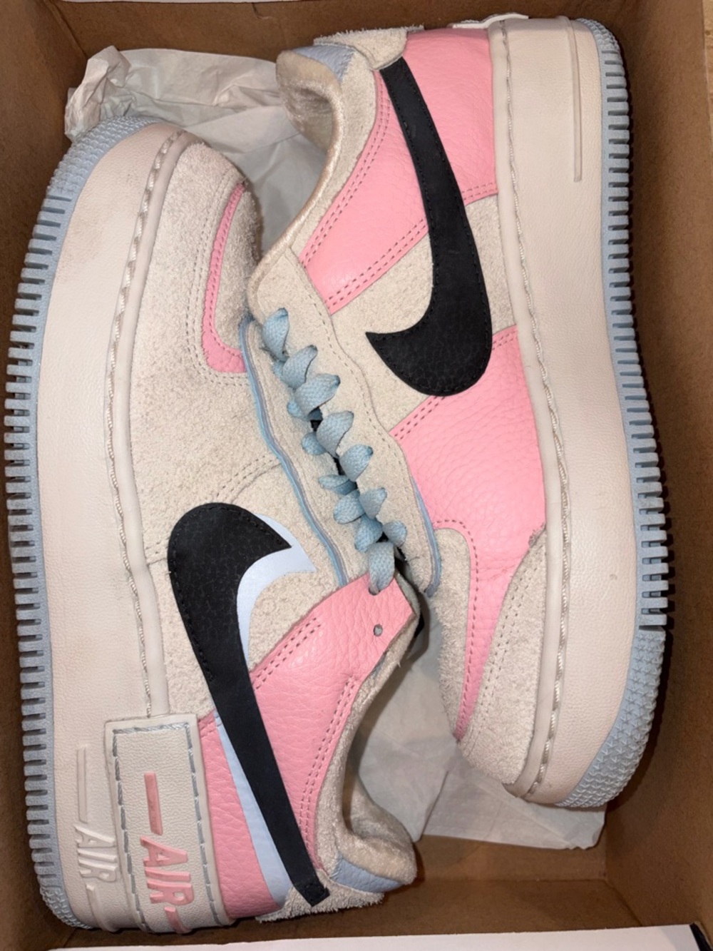 Nike Pink Black Cream AF1 Shadow Sneakers with Light Blue Accents
